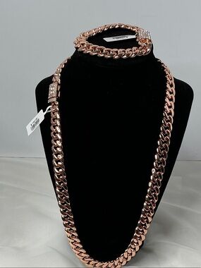 Rose Gold Cuban Chain Necklace 24in and Bracelet 8in Set with Pave VVS Cz Accent